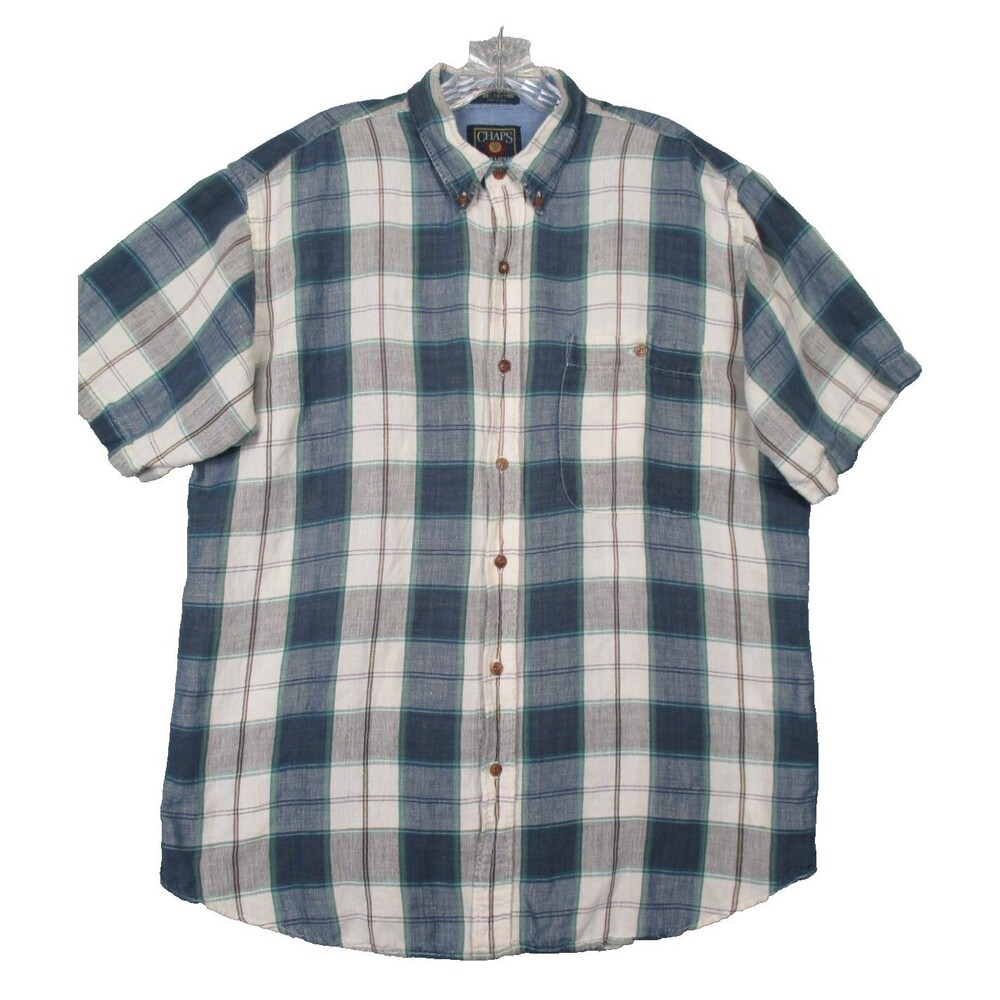 Chaps Ralph Lauren Mens Shirt Large Linen Cotton Blend Plaid Blue Short Sleeve
